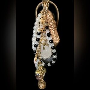 Crystal Quartz, Obsidian & Freshwater Pearls Bag Charm Keychain